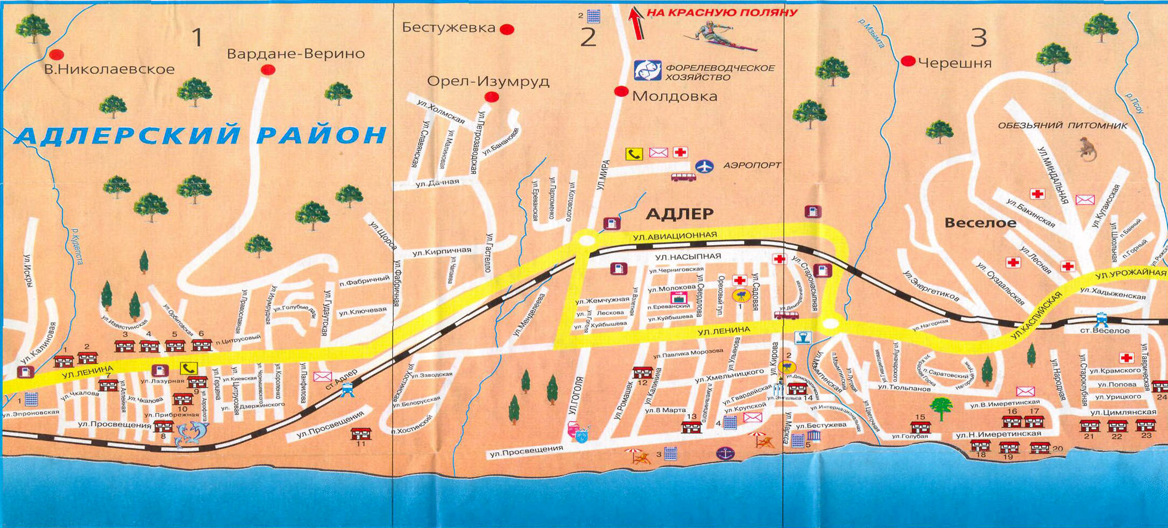 Карта Адлера с улицами и домами подробно